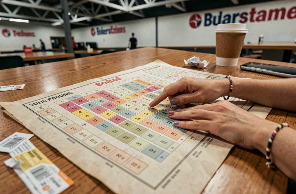 Plan de salle imprimé d'un stade ouvert sur une table de cafétéria, avec des doigts indiquant les sections numérotées et un billet de concert visible