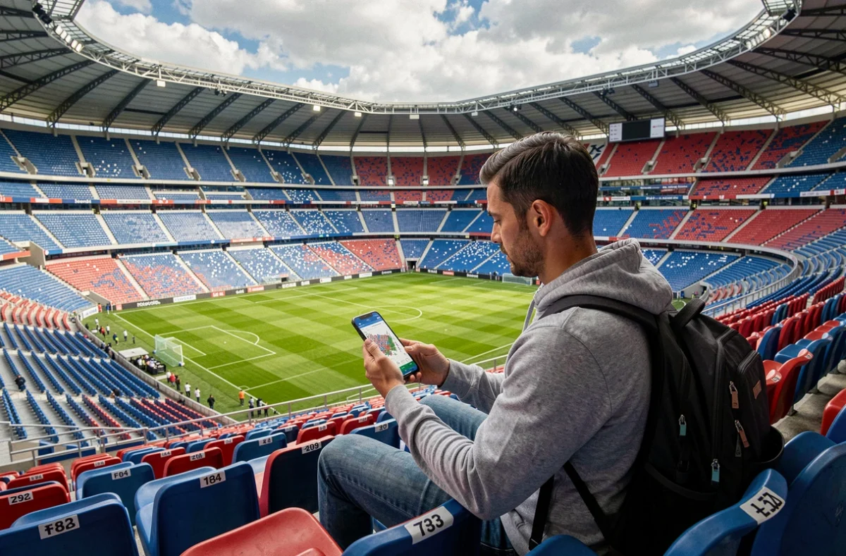 Homme assis dans les gradins d'un grand stade consultant le plan de salle numérique sur son smartphone avant un événement