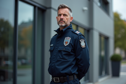 Policier RAID en uniforme dans un bâtiment moderne