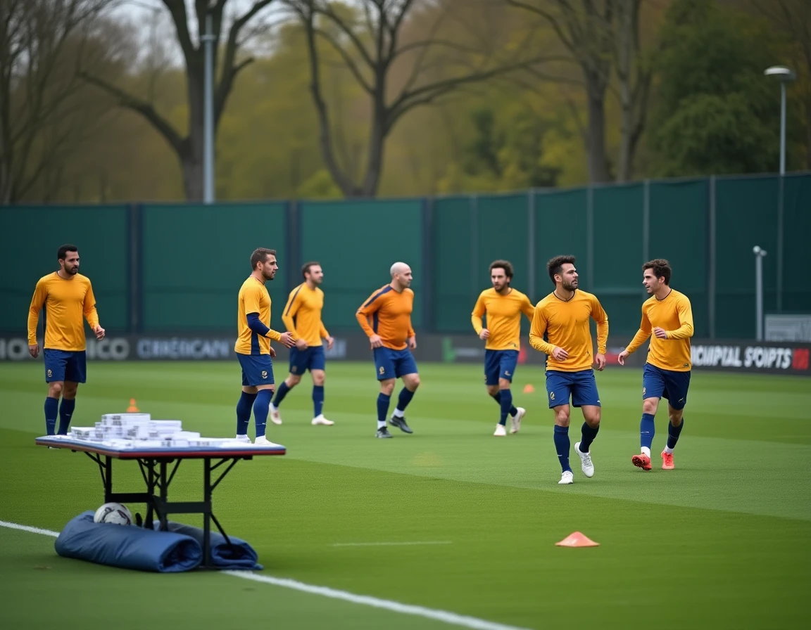 Premier entraînement d'un nouveau club de football en Yvelines, joueurs en tenue sur un terrain municipal lors de la saison de création