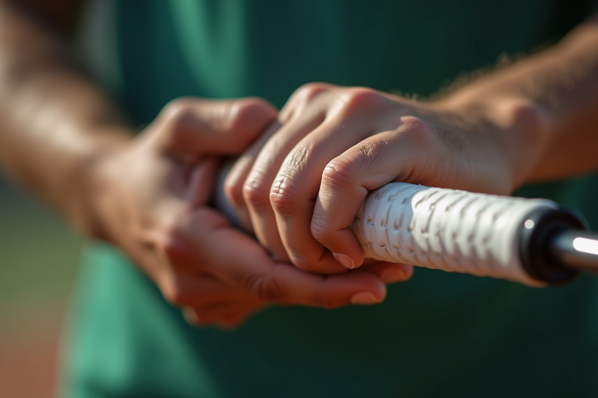 Mains pressant la poignée d'une raquette de tennis en gros plan