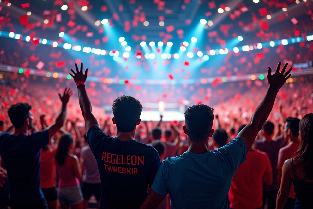 Foule enthousiaste dans l arena avec confettis et projecteurs