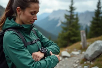 Randonneuse ajustant sa montre GPS sur un sentier de montagne alpin