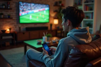 Jeune homme regardant un match de foot en streaming sur sa télévision depuis son salon