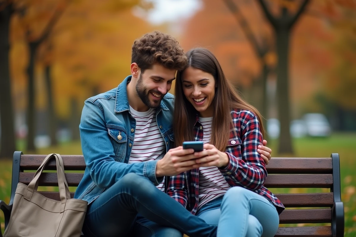 Deux amis regardant un match de football en direct sur smartphone dans un parc en automne