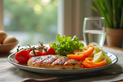 Table de dîner saine avec légumes grillés et poulet maigre