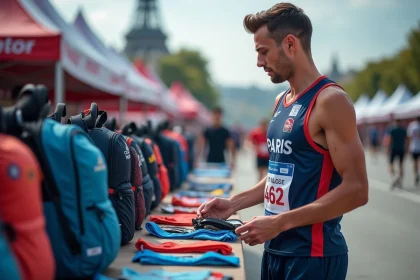 Jeune coureur examinant des packs de course à l expo Paris