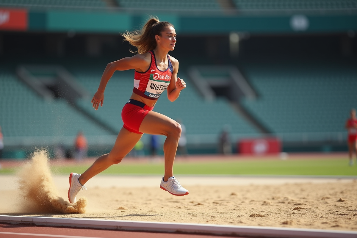 Femme en saut en longueur dans une salle d