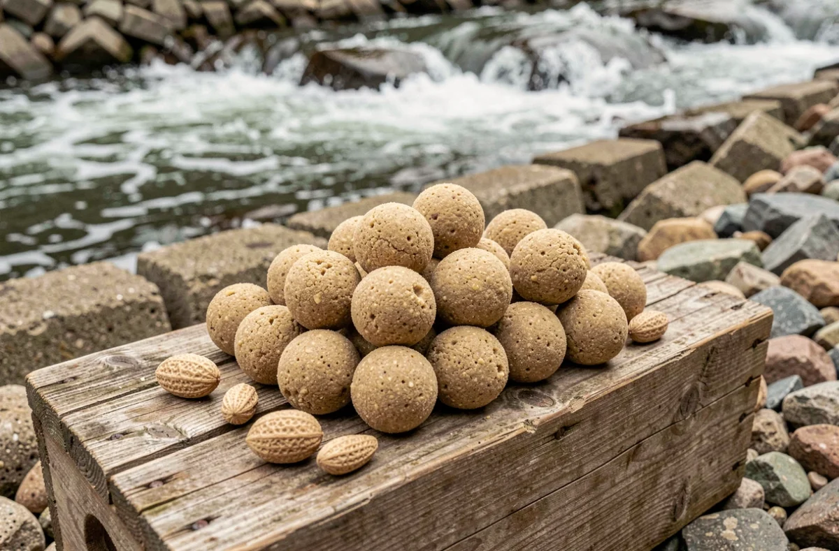 Bouillettes Shimano TX1 Tiger Nut denses et résistantes couleur tan-brun, accompagnées de vraies noix tigrées sur une boîte en bois au bord du courant