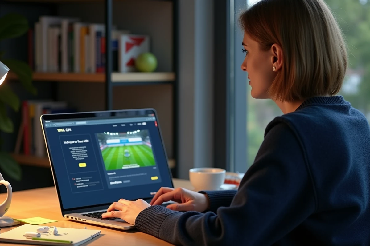 Femme utilisant un VPN sur son ordinateur portable pour accéder à un site de streaming football gratuit