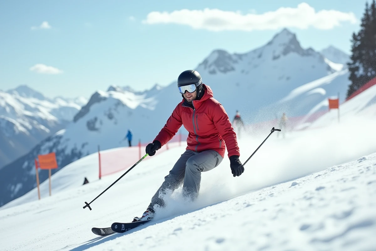 Skieur descendant une piste bien damée de la station des Deux Alpes par une journée d'hiver ensoleillée