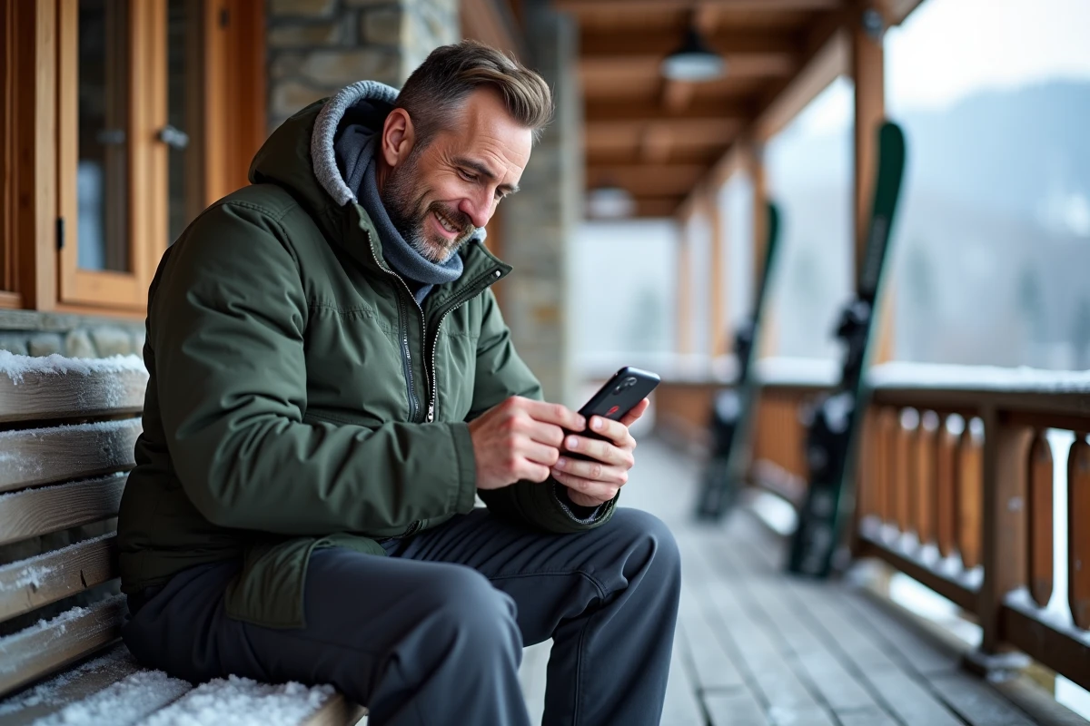 Skieur recherchant un forfait ski pas cher sur son téléphone depuis une terrasse alpine à l'Alpe d'Huez