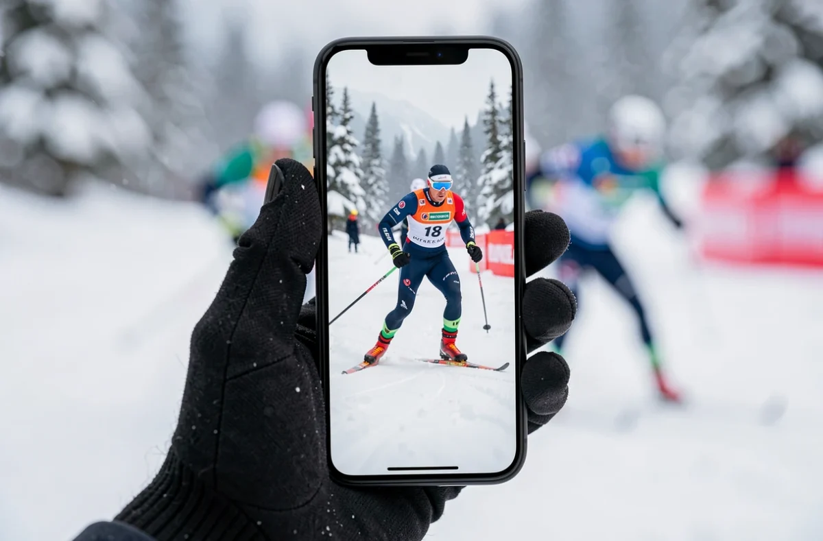 Smartphone affichant une course de ski nordique en direct
