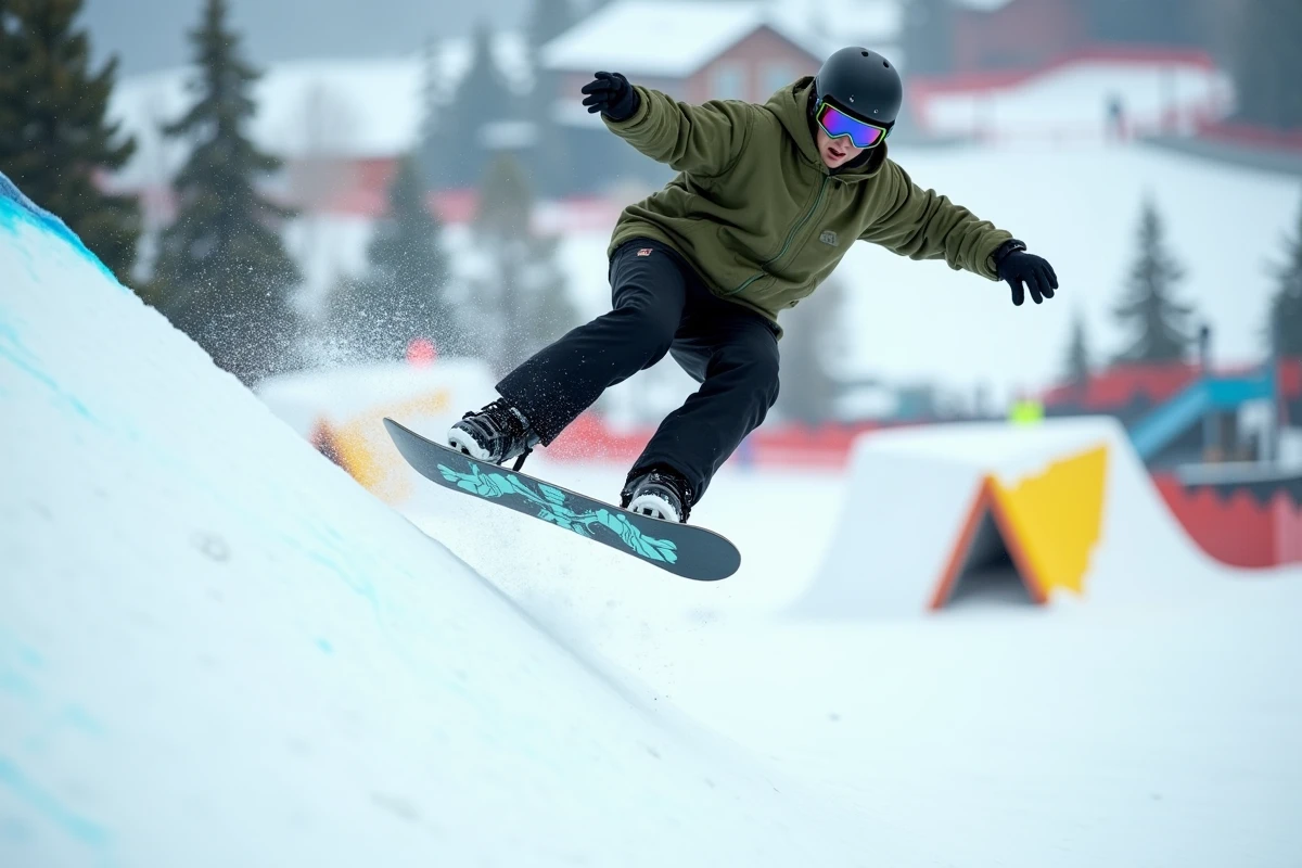 Snowboardeur réalisant un trick en halfpipe dans un snow park, représentant la pratique freestyle et les équipements associés