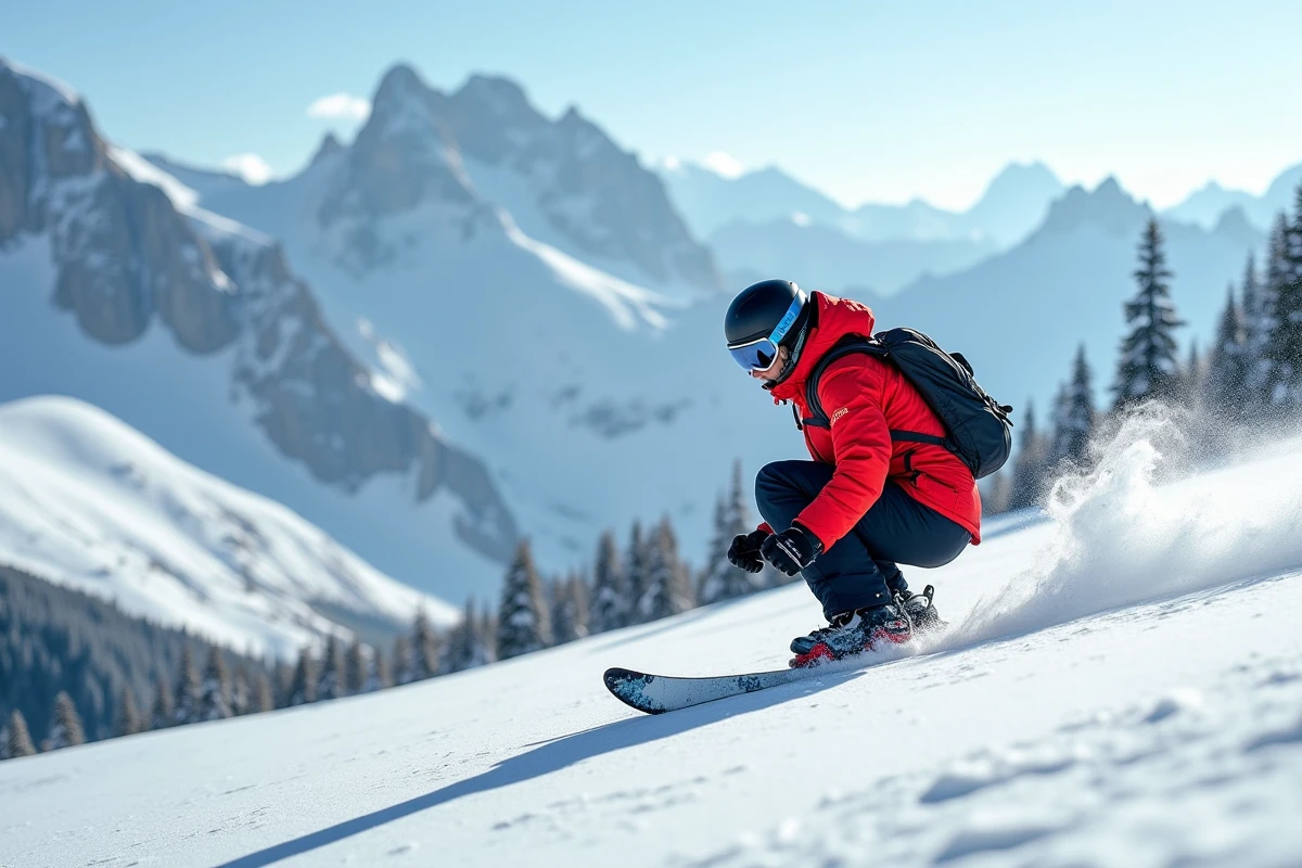 Snowboardeuse en équipement freeride haut de gamme sur un versant de montagne enneigé, illustrant la pratique avancée du snowboard