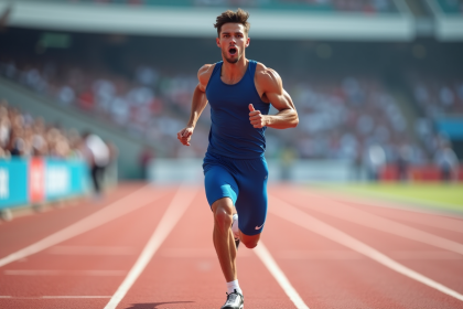 Jeune sprinteur en bleu franchissant la ligne d'arrivée