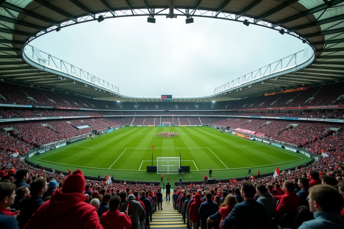 Vue panoramique d'un stade de rugby lors d'un match avec des supporters en tribunes et des joueurs en mêlée sur le terrain