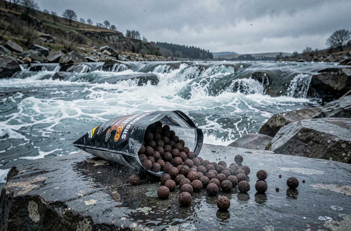 Bouillettes Starbaits SK30 marines brun-charbon sur un rocher éclaboussé au bord d'un fort courant de rivière