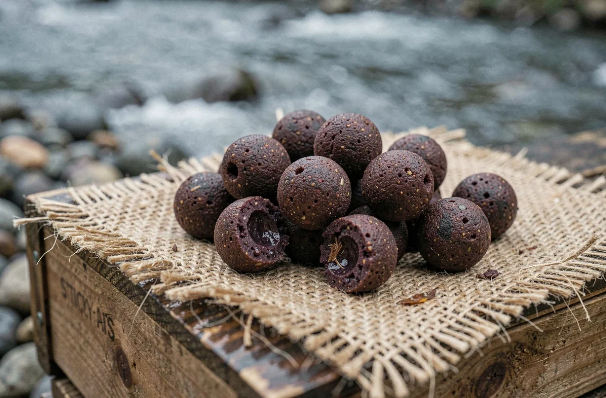 Bouillettes Sticky Baits The Krill à base marine, denses et de couleur brun-violet foncé, sur tissu de jute au bord de l'eau