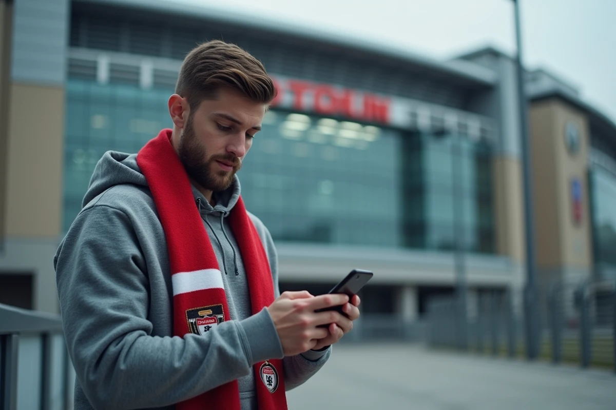 Un supporter consulte le classement A League 2026 sur son smartphone devant un stade de football