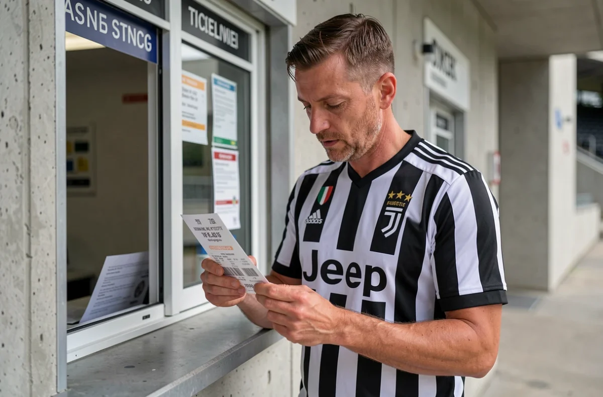 Supporter de la Juventus en maillot officiel tenant des billets de match devant un guichet de billetterie au stade