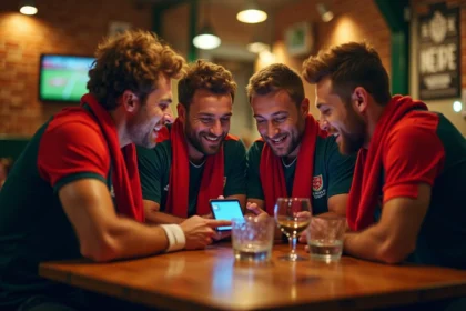 Supporters de rugby passionnés consultant une application de suivi de matchs en direct sur smartphone dans un pub