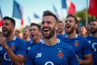 Supporters de rugby français en extérieur avec maillots 2025