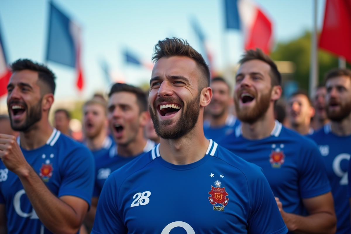 Supporters de rugby français en extérieur avec maillots 2025