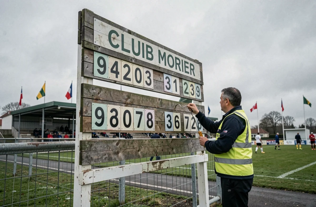 Tableau d'affichage des résultats dans un stade de rugby Fédérale 2 lors d'une journée de match de poule
