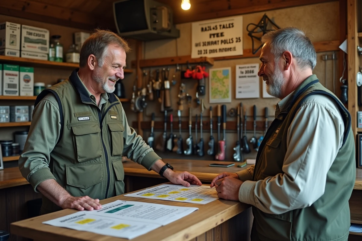 Deux pêcheurs consultant les tarifs des cartes de pêche 2026 dans un magasin de pêche rural