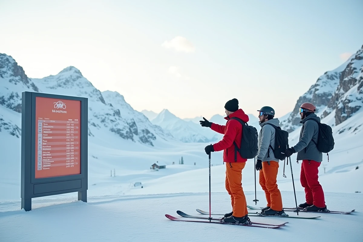 Groupe de skieurs consultant les tarifs des forfaits ski devant un panneau d'affichage à l'Alpe d'Huez