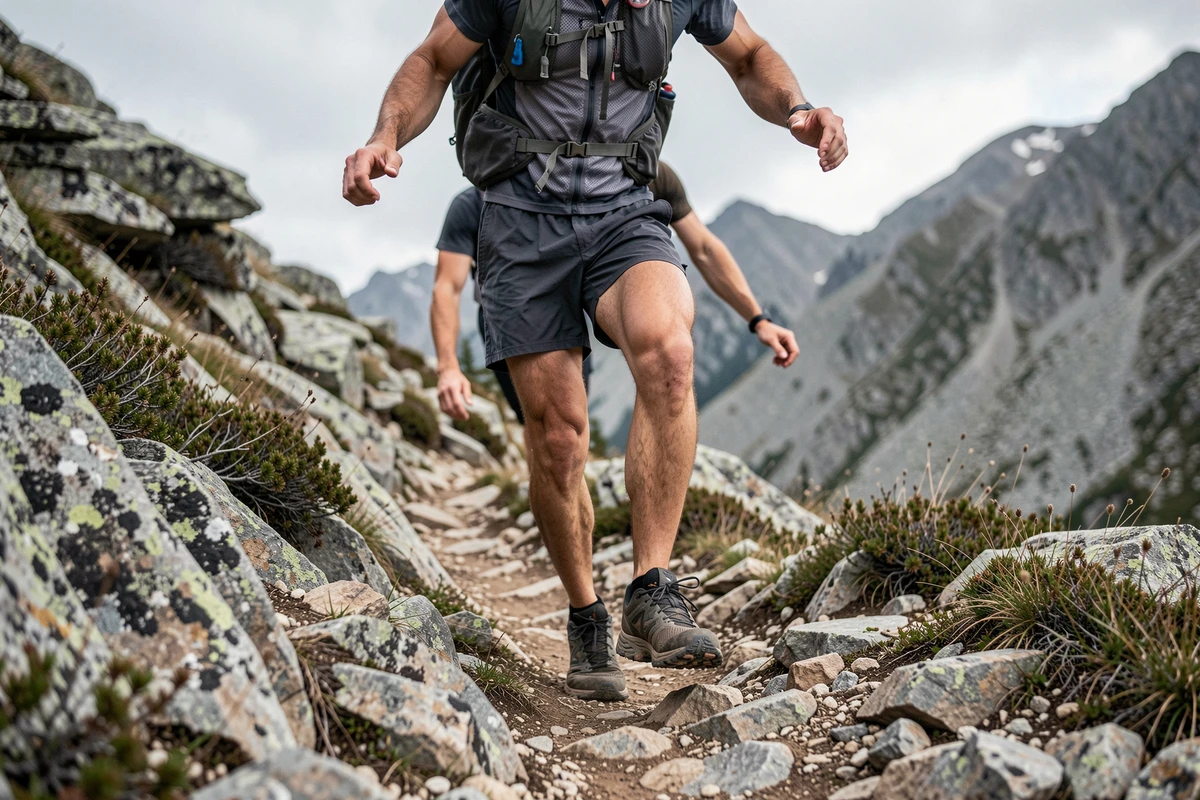 Coureur de trail adoptant une technique de descente sécurisée sur sentier rocheux de montagne