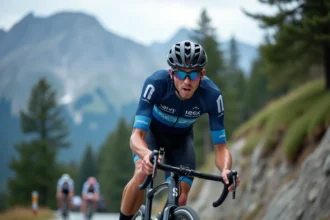 Cycliste professionnel escaladant un col alpin lors d'un grand tour, positionné en danseuse sur son vélo de course carbone