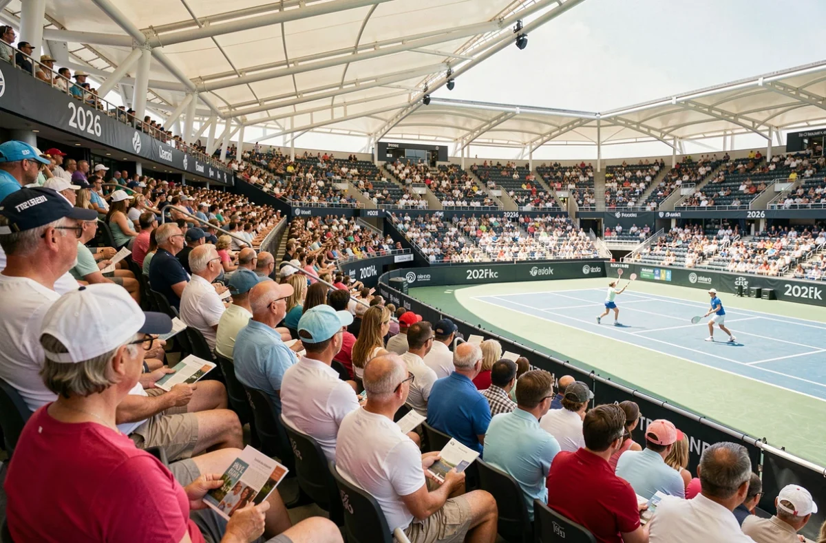 Tribune bondée d'un grand tournoi de tennis 2026 avec les spectateurs regardant un match sur court en dur