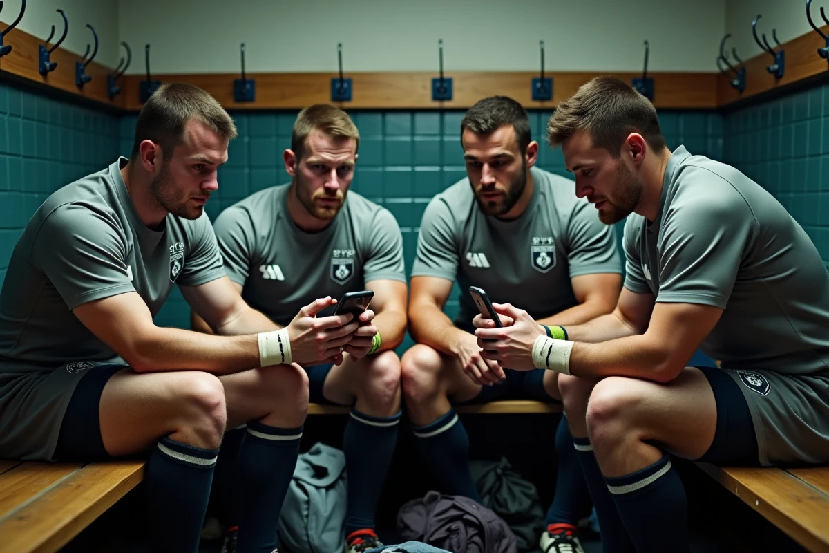 Joueurs de rugby fédéral dans le vestiaire consultant les résultats des matchs sur un smartphone après la rencontre