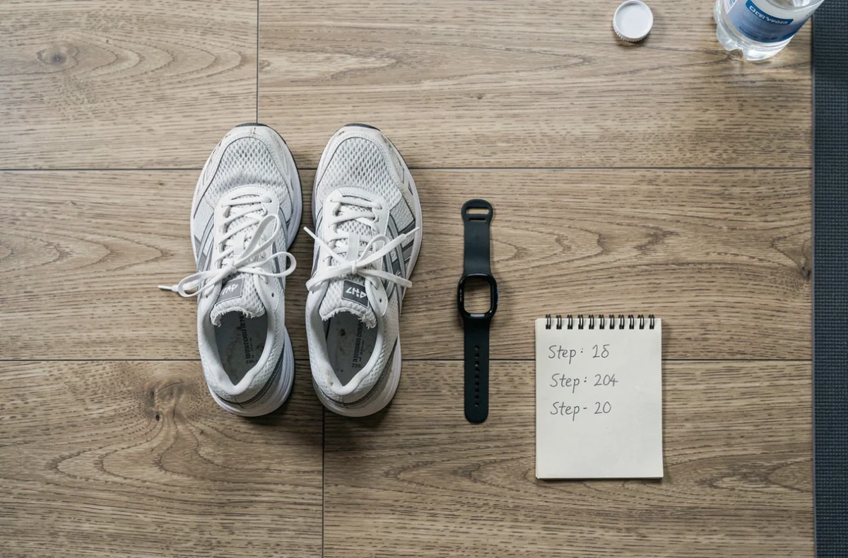 Vue de dessus de chaussures de marche usées, bracelet connecté et carnet avec comptage de pas pour illustrer 17000 pas par jour